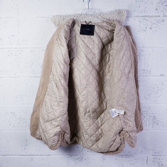 Lucky Brand Womens Large Long Corduroy Jacket Faux Fur Collar Tan Button Front - Picture 3 of 10